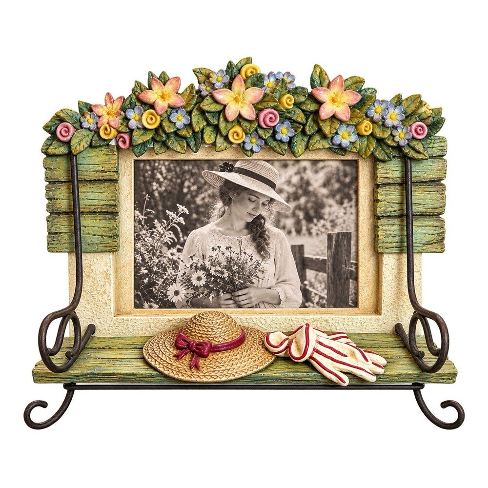 Burton & Burton Garden Bench Floral Picture Frame Hat Gloves 3.5x5in Cottagecore